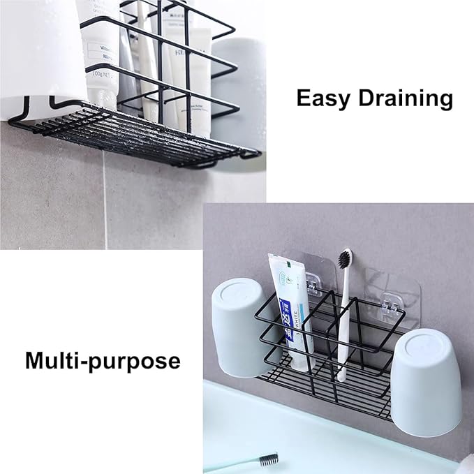Toothbrush Holder for Bathroom - Metal Countertop Toothbrush and Toothpaste Holder, Creative No-Drill Wall Mounted Tooth Brush Storage Rack Organizer Stand with 2 Mouthwash Cups Hanger (Black)