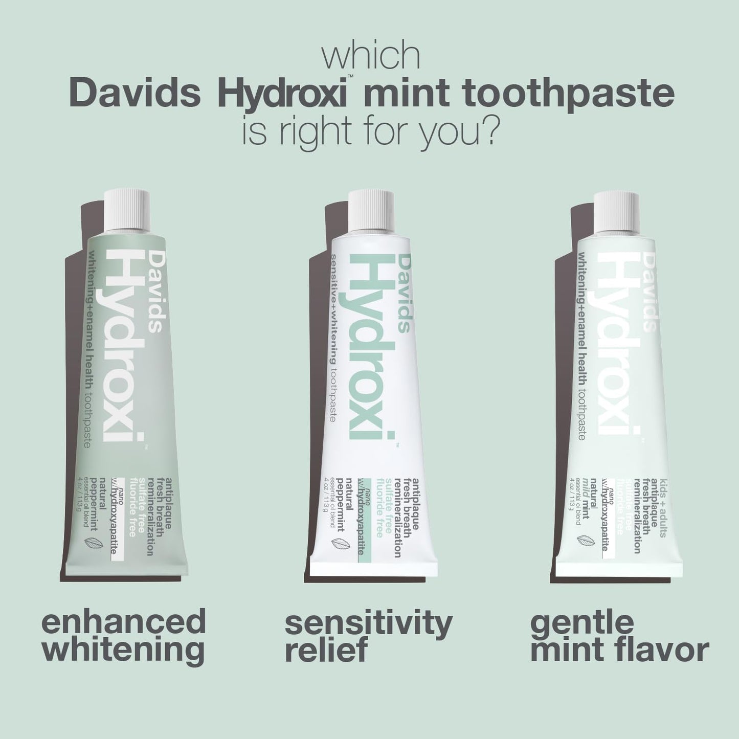 Davids Hydroxi Fluoride Free Nano Hydroxyapatite Toothpaste for Remineralizing Enamel & Sensitive Relief, Whitening, Antiplaque, SLS Free, Natural Peppermint, 4 oz, Made in USA
