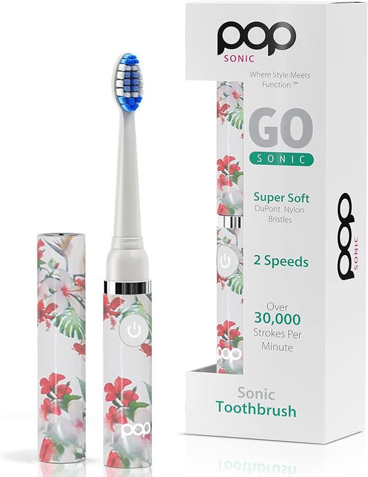 Pop Sonic Electric Toothbrush (White Floral) - Travel Toothbrushes w/AAA Battery | Kids Electric Toothbrushes with 2 Speed & 15,000-30,000 Strokes/Minute, Dupont Nylon Bristles