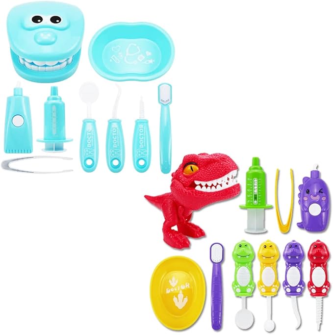 Bundle 19PCS = 9PCS Plastic Simulation Dentist Play Set （Light Blue） + 10PCS Plastic Dinosaur Simulation Dentist Play Set (Mixed Colors)