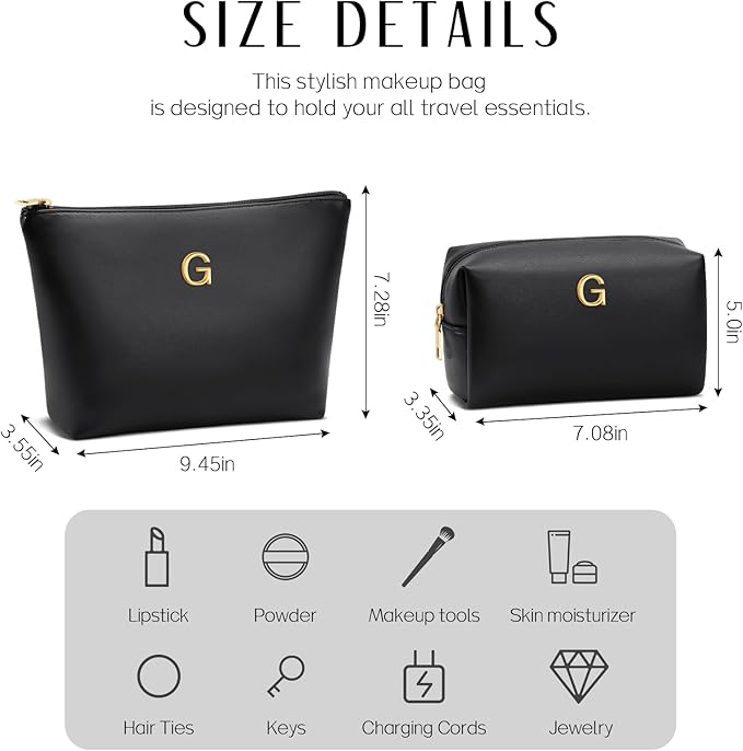 Women Gifts | Initial Makeup Bag Set for Girl Personalized Gifts for Bridesmaid Friend Graduation Teachers PU Leather Cosmetic Travel Toiletry Bag(Black,G)
