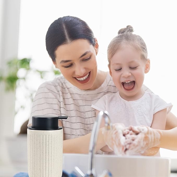 BosilunLife Beige Soap Dispenser Set - 2 Pack 12oz Ceramic Dish Soap Dispenser with Rust Proof Pump for Kitchen, Hand Soap and Lotion Set Suitable for Farmhouse Bathroom Decor