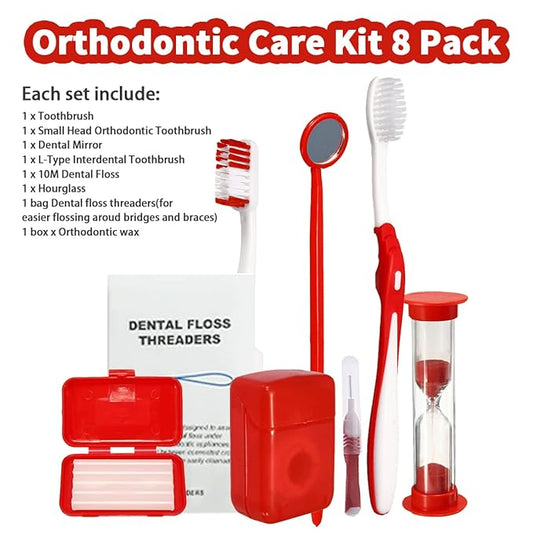 Braces Cleaning Kit for Teeth, Portable Orthodontic Toothbrush Kit Oral Care Dental Travel Kit - Interdental Brush Dental Wax Dental Floss Toothbrush Box (Red)