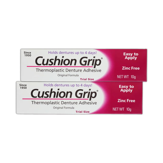 Cushion Grip Thermoplastic Denture Adhesive, 0.35 oz Travel Size (Pack of 2) – Refits and Tightens Loose Dentures for Up to 4 Days | Non-Glue, Zinc-Free, Waterproof Formula, Acts Like a Soft Reliner