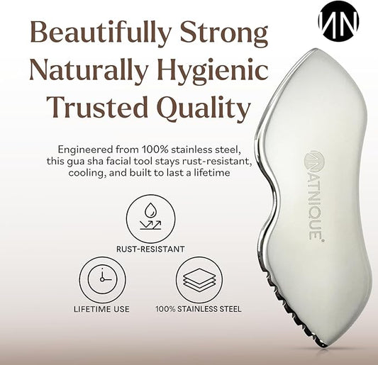 Natnique Stainless Steel Gua Sha Tool – Face & Neck Sculpting Massager for Lymphatic Drainage, Puffiness & Jawline Contour – Anti-Aging Facial Tool for Wrinkles, Firming, Relaxation & Cooling Relief