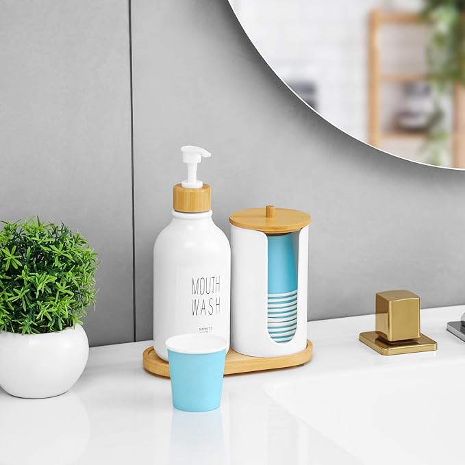 VITVITI Mouthwash Dispenser for Bathroom, Mouth Wash Pump Bottle with Paper Cup Holder, 17Oz Refillable White Mouthwash Container with Bamboo Lid/Tray/Label