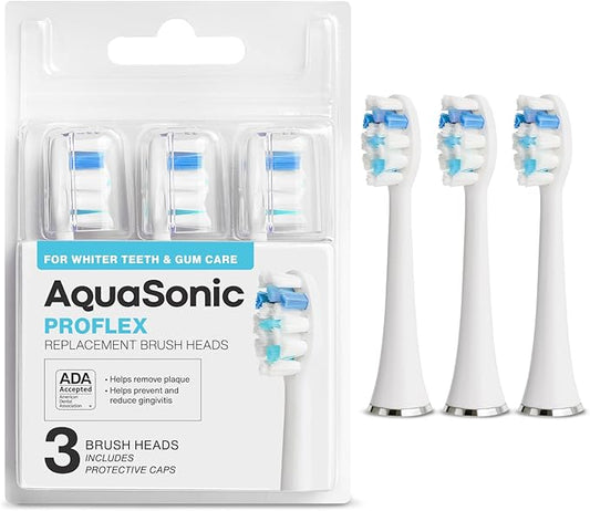 AquaSonic Proflex Replacement Brush Heads | ADA Accepted | for Whiter Teeth & Gum Care | Compatible with Many AquaSonic Toothbrush Handles (3 Pack White)