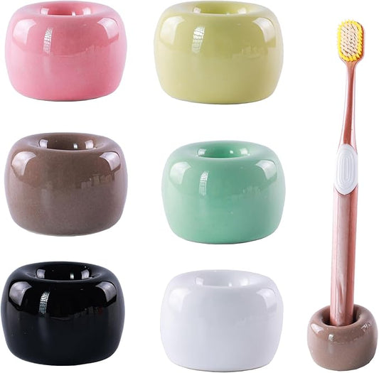 Set of 6 Sleek Mini Ceramics Toothbrush Holder, Small Ceramic Ring, Perfect Size for Bathroom Vanity Countertops