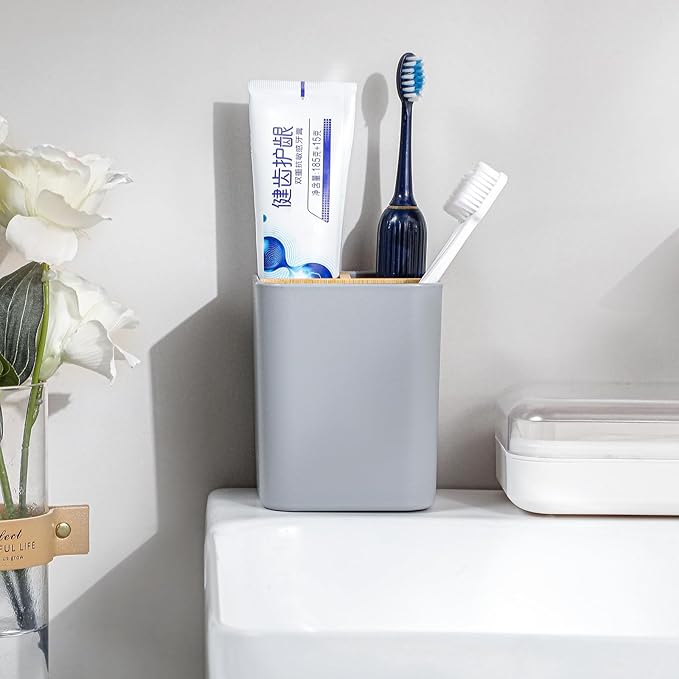 Bamboo Toothbrush Holder for Bathrooms, 3 Slots Toothbrush and Toothpaste Holder Bathroom Counter Organizer for Electric Toothbrushes, Floss, Razors - Gray