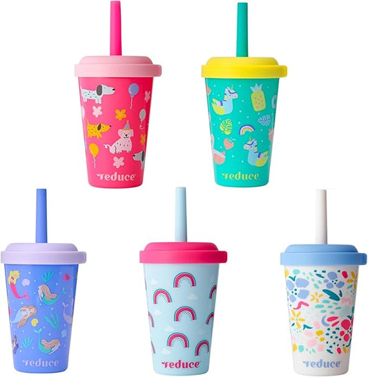 REDUCE GoGo's Kids Portable Tumbler Cups with Lids and Spill-Proof Straws - 5 Pack of Stackable 12 oz Tumblers with Twist-On Lids - Easy Storage, Dishwasher Safe - Serendipity Set