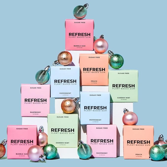 Refresh Gum, Xylitol, Natural, Sugar Free, Chewing Gum, Plastic Free, Natural Flavors & Organic Ingredients, Non GMO, Gluten Free, Vegan, 12 Count (Pack of 5), Sampler Pack