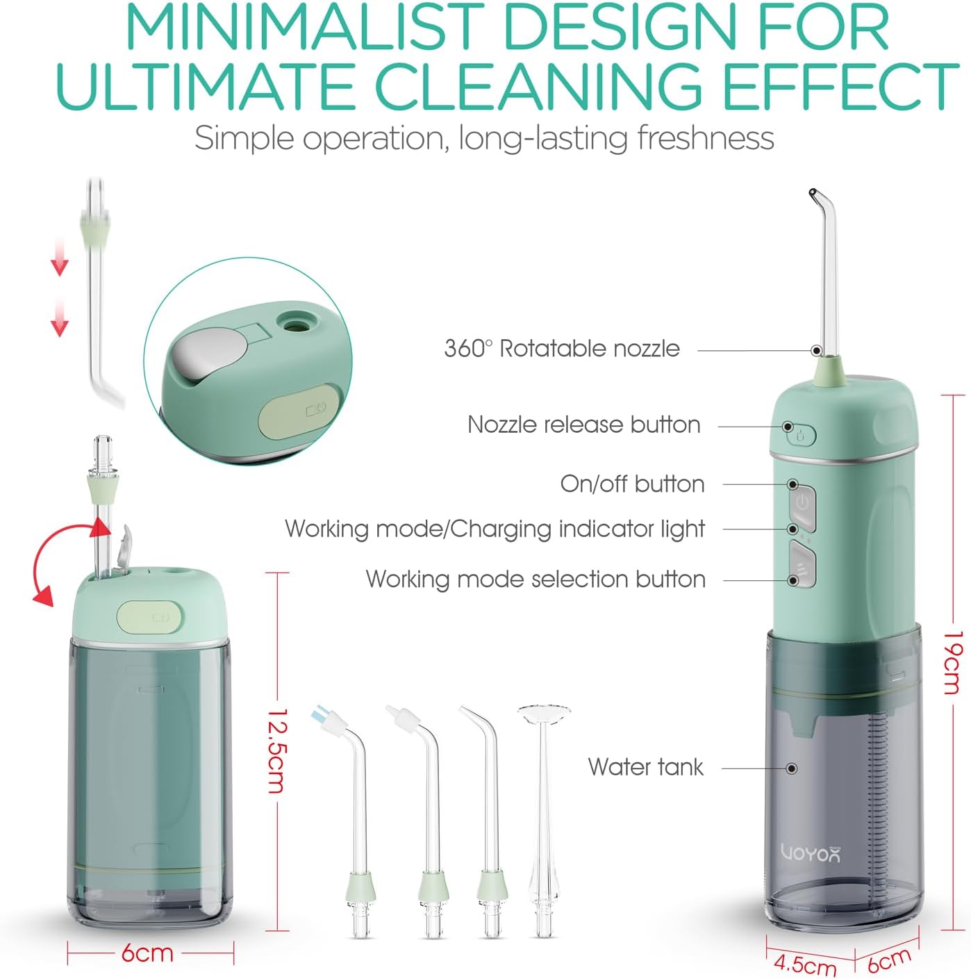 VOYOR-HEALTH Portable Water Flosser Cordless, Mini Travel Oral Irrigator with Telescopic Water Tank, IPX7 Waterproof Water Dental Flosser for Teeth Cleaning Braces & Dental Care WF510 (Light Green)