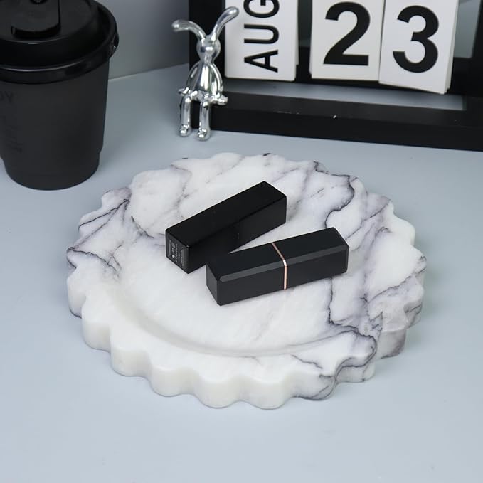 Round Marble Decorative Tray with Scalloped Edge, Luxury Natural Stone Bathroom Vanity Tray, Dresser Top Perfume Coffee Home Kitchen Sink Tray, Key Trinket Ring