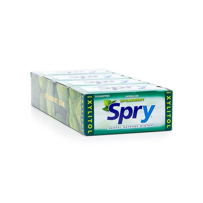 Spry Fresh Natural Xylitol Chewing Gum Dental Defense System - Aspartame-Free, Sugar-Free, Non-GMO, Gluten-Free (Spearmint, 10 Count Blister Cards - Pack of 20)