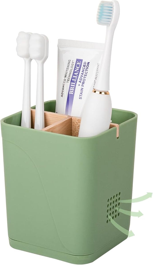 Electric Toothbrush Holder 3 Slots Tooth Brushing Holder with Bamboo Dividers for Bathrooms, Plastic Toothbrush and Toothpaste Organizer for Shower, Countertop, Vanity, Green