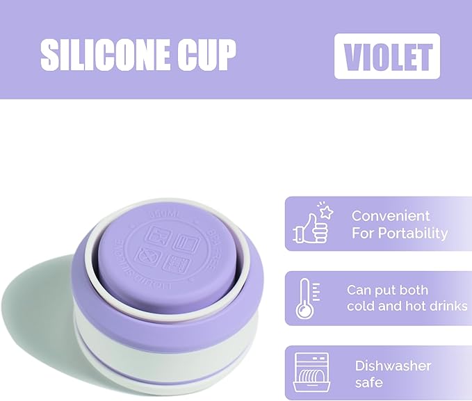 Collapsible Cup for Traveling, 12Oz Collapsible Silicone Travel Cup for Hot and Cold Drinks, Leak Proof Reusable Folding Travel Coffee Mug for Camping & Hiking, Purple