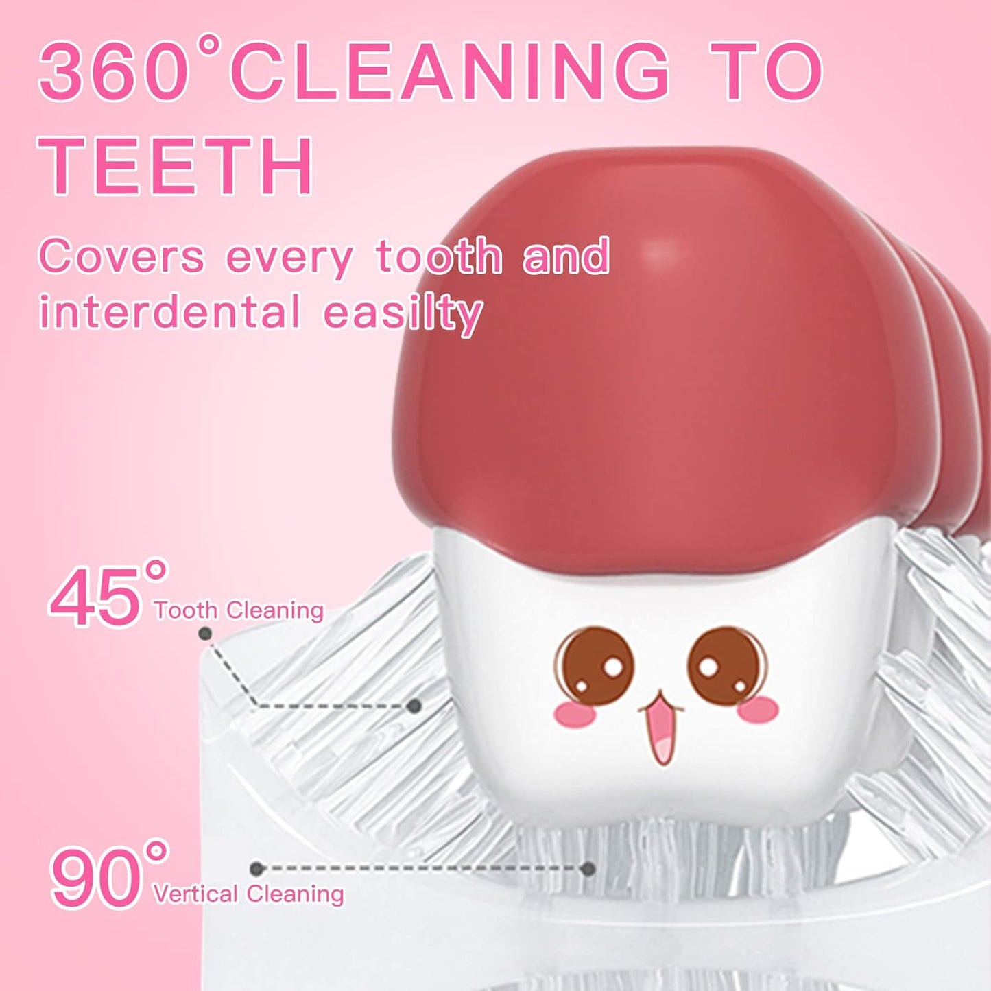 Kids Electric U Shaped Toothbrush Children Rechargeable Sonic Toothbrush with 4 Brush Heads Full Mouth 6 Cleaning Modes -(Age 8-15 Pink)