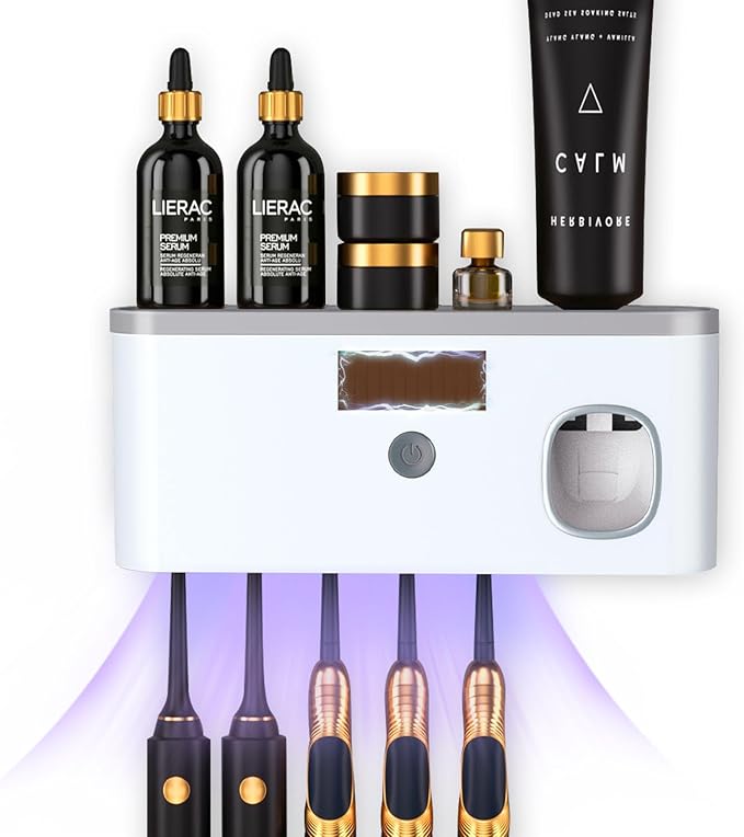 Wall Mounted Toothbrush Holder with Toothpaste Dispenser Electric Toothbrush Holder for Bathroom Solar Charging and No Drilling Required Smart Toothbrush Organizer with 5 Brush Slots