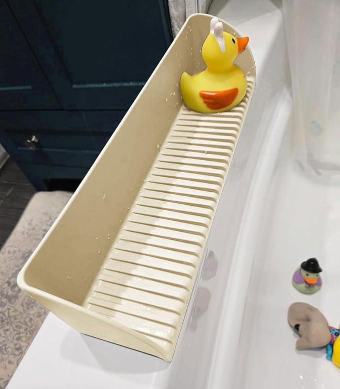 Roslim Splash Guard for Bathtub & Sink - Silicone Kids Bath Splash Guard Shelf, Bath Toy Tray Holder, Tub Water Splash Guard with 4 Suction Cups, Bathroom Accessories for Baby Bath, 1Pack, Beige