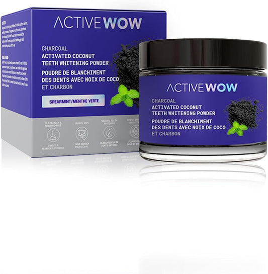 Active Wow Activated Coconut Charcoal Powder - Natural Whitening, Fluoride Free, Sulfate & Paraben Free, Spearmint Toothpaste Powder, 20g