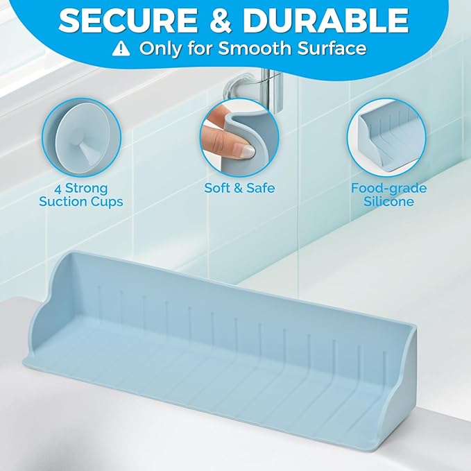 Bathtub Splash Guard, Silicone Bath Caddy Tray with 4 Suction Cups, Kids Toy Holder and Organizer Shelf for Toddler Tub Accessories (Blue)
