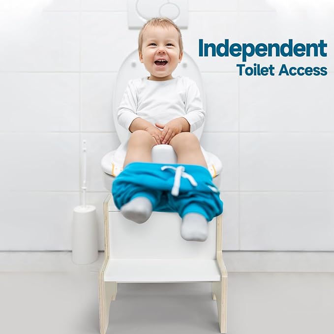 WOOD CITY Kids Step Stool for Toddler, Wooden Natural-White Patchwork Two Step Children's Stool with Handles, Bonus Non-Slip Pads for Safety, Bathroom Potty Stool & Kitchen Step Stools Dual Height