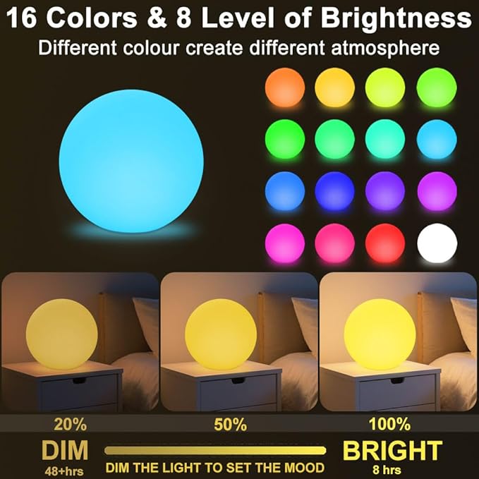 12-in LED Globe Orb Lamp, Dimmable RGB Color Changing Glowing Orb Lights Rechargeable Glowing LED Ball Light w/Remote, Waterproof Outdoor Globe Light Soothing Mood Lamp for Bedroom Garden Patio Decor