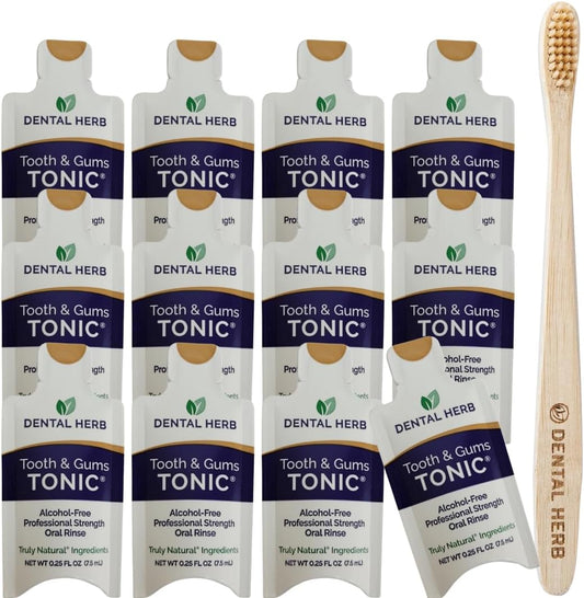Tonic Traveler Mouthwash Minis (12 Pack) + Bamboo Toothbrush – Natural Alcohol-Free Mouthwash for Gum Health & Bad Breath – Dental Herb Company