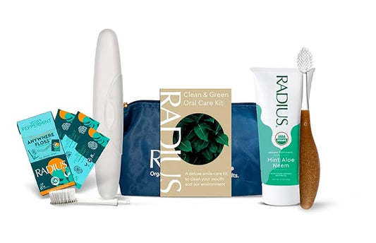 RADIUS Clean & Green Deluxe Oral Care Kit (Source Toothbrush With Replacement Head, Organic Mint Aloe Neem Toothpaste, Vegan Xylitol Mint Floss, Travel Case), 1 Count