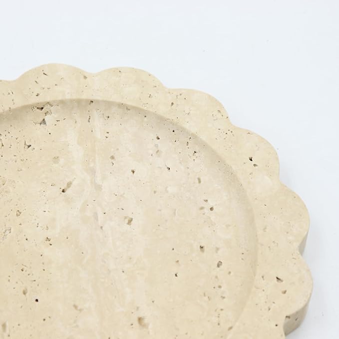 Round Marble Decorative Tray with Scalloped Edge, Luxury Natural Stone Bathroom Vanity Tray, Dresser Top Perfume Coffee Home Kitchen Sink Tray, Key Trinket Ring