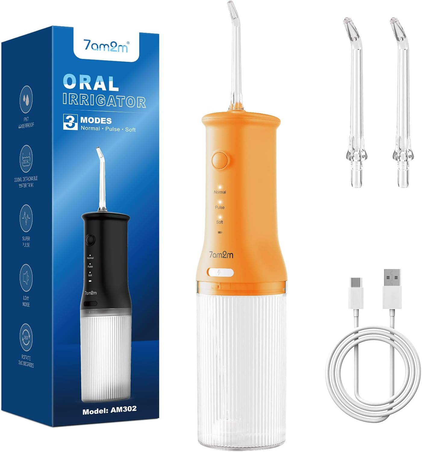 7AM2M Portable Water Flosser Cordless, Water Flosser for Teeth with 3 Modes and 2 Jet Tips, USB C Rechargeable, IPX7 Waterproof, Dental Water Flosser for Travel and Home Use (Orange)