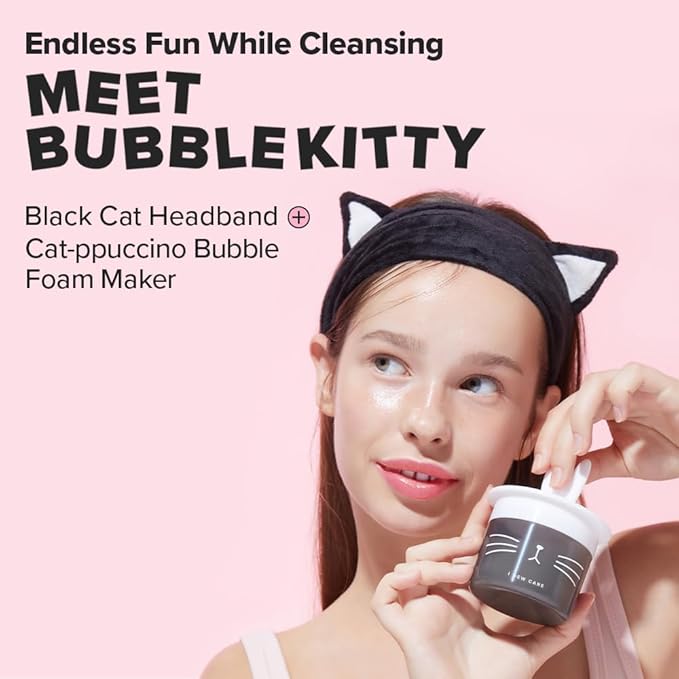 I DEW CARE Meet Bubble Kitty Headband & Bubble Maker Duo - Black Cat Headband and Cat-ppuccino Bubble Foam Maker | Facial Cleansing Duo, Bubble Foam Maker, Gift sets for women