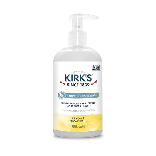 Kirk's Odor-Neutralizing Clean Hand Soap Castile Liquid Soap Pump Bottle | Moisturizing & Hydrating Kitchen Hand Wash | Lemon & Eucalyptus Scent | 12 Fl Oz. Bottle