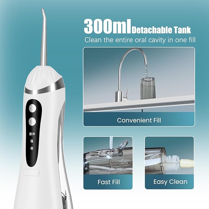 Cordless Water Flosser - Rechargeable Portable with 300ML Generous Tank, 4 Jet Nozzles & IPX7 Waterproof for Teeth Cleaning, Dental Care and Travel