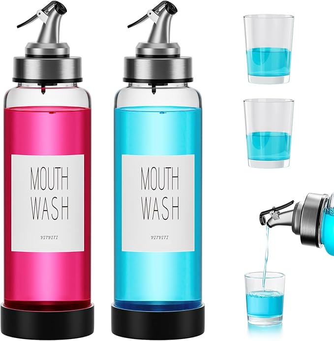 VITVITI Mouthwash Dispenser for Bathroom, Glass Mouth Wash Container with 2 Glass Cups, Press Lid 17OZ Clear Refillable Mouthwash Bottle Decanter with Silicone Pad/Labels, Set of 2
