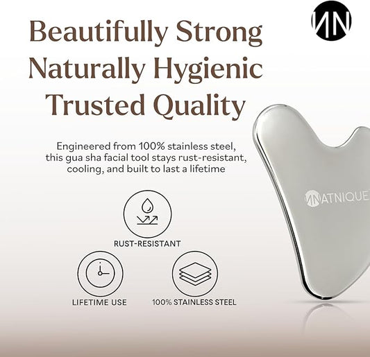 Natnique Stainless Steel Gua Sha Tool – Face & Neck Sculpting Massager for Lymphatic Drainage, Puffiness & Jawline Contour – Anti-Aging Facial Tool for Wrinkles, Firming, Relaxation & Cooling Relief