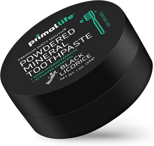 Primal Life Organics - Dirty Mouth Toothpowder, Activated Charcoal Tooth Cleaning Powder, Essential Oils Natural Kaolin Bentonite Clay, 200+ Brushings, Organic Vegan (Charcoal Black Licorice, 1 oz)
