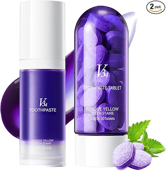 Purple Toothpaste and 30PCS Toothpaste Tablets Kit,Deep Cleaning Purple Colour Corrector,Chewable Tooth Paste Tablets for Sensitive Teeth,Travel Size Tooth Care Products Kit for All People