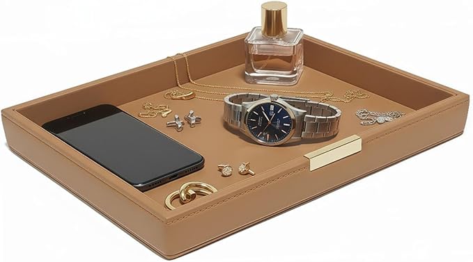 Vanity Organizer Tray for Bathroom Bedroom Dresser, Leather Valet Tray for Nightstand, Decorative Tray for Watch Jewelry Perfume Phone Storage (Brown)