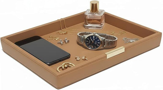 Vanity Organizer Tray for Bathroom Bedroom Dresser, Leather Valet Tray for Nightstand, Decorative Tray for Watch Jewelry Perfume Phone Storage (Brown)