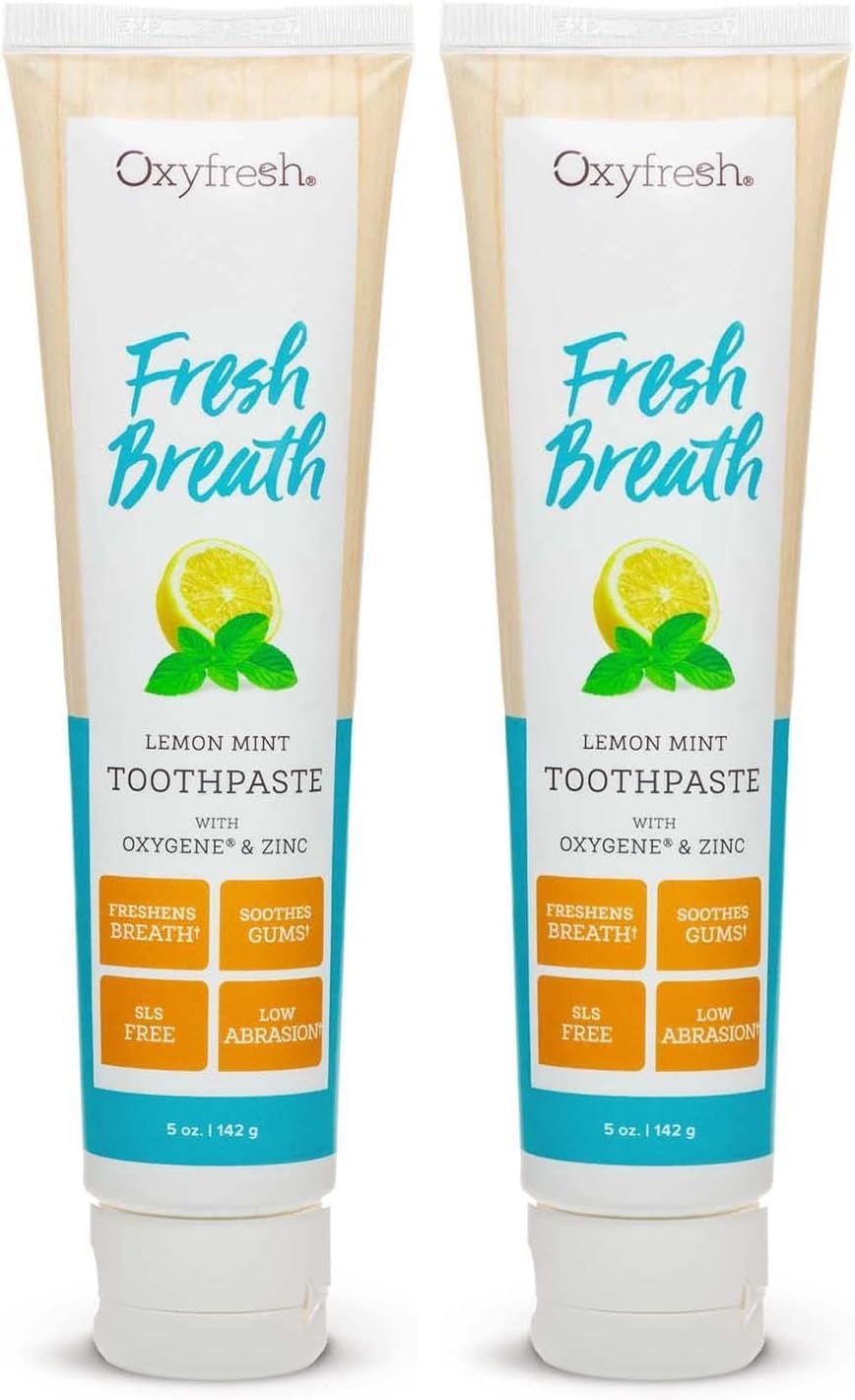 Oxyfresh Premium Lemon Mint Fresh Breath Toothpaste to Help Fight Bad Breath, Anti Plaque & Tartar Control - Low Abrasion Gel, SLS & Fluoride Free Toothpaste with Essential Oils, 5oz (Pack of 2)