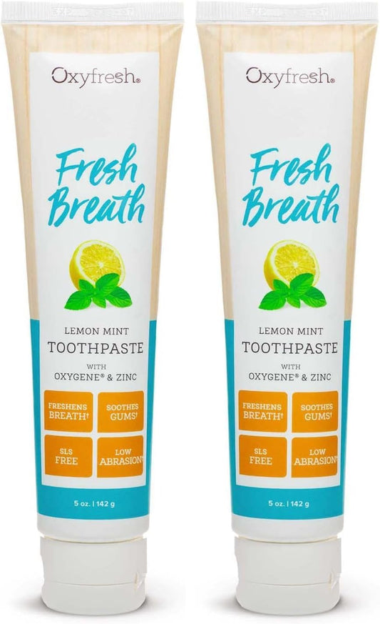 Oxyfresh Premium Lemon Mint Fresh Breath Toothpaste to Help Fight Bad Breath, Anti Plaque & Tartar Control - Low Abrasion Gel, SLS & Fluoride Free Toothpaste with Essential Oils, 5oz (Pack of 2)