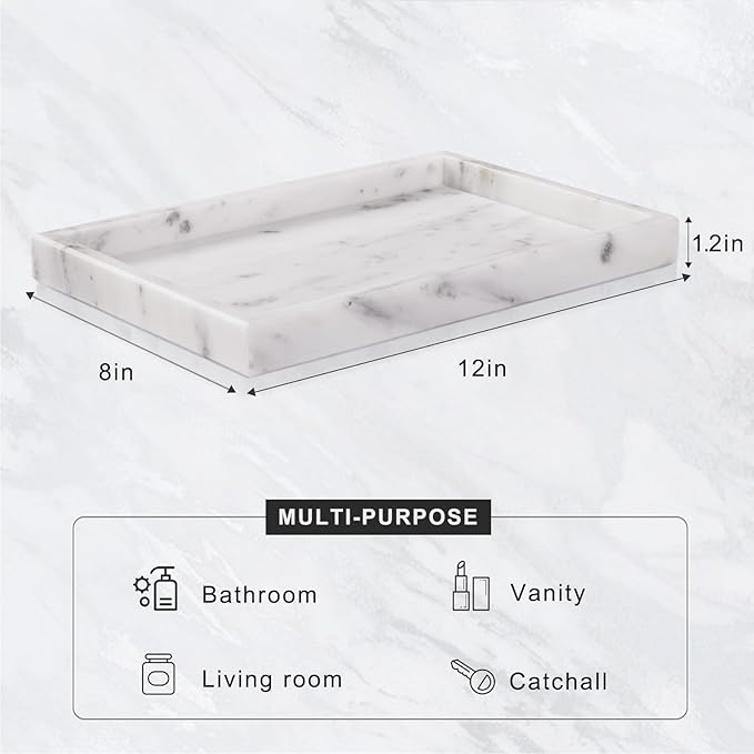 Marble Bathroom Tray for Countertop & Home Decor, Natural Decorative Marble Tray for Jewelry & Perfume Organizer, Luxury Stone Vanity Trays for Dresser, Kitchen Counter, 12" x 8", Starry White