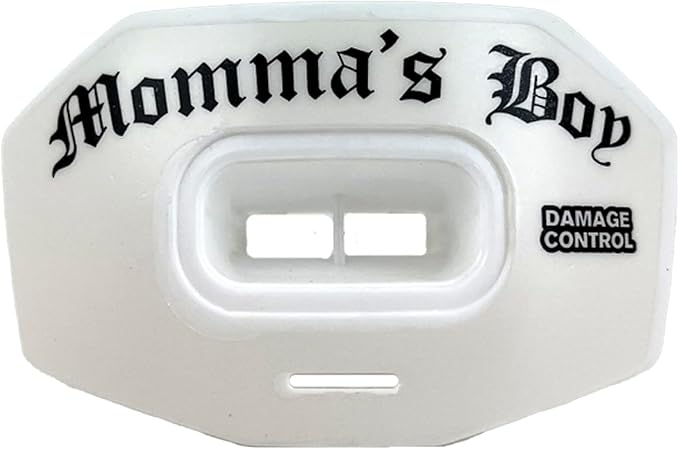 DAMAGE CONTROL Youth Football Mouth Guard – Breathable No Boil Mouthpiece, Protects Lips & Teeth, Works with Braces, Includes Helmet Strap – Sports Gear & Accessories (Momma's Boy)