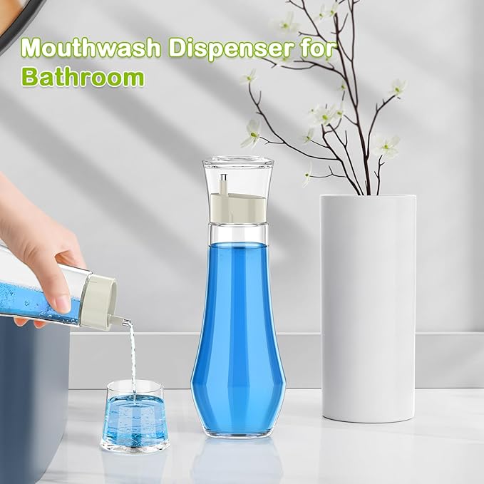 Glass Mouthwash Dispenser for Bathroom, 8.8oz Refillable Mouth Wash Container Bottle with Lid Cup, Small Clear Mouthwash Dispensers Decanter for Countertop, Set of 2