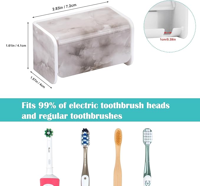 Toothbrush Holders Wall Mounted with Cover, Electric Tooth Brushing Holder for Bathroom, 2 Slots Self Adhesive Toothbrush Organizer, Toothbrush Stand for Family, Kids (1, White Marble)