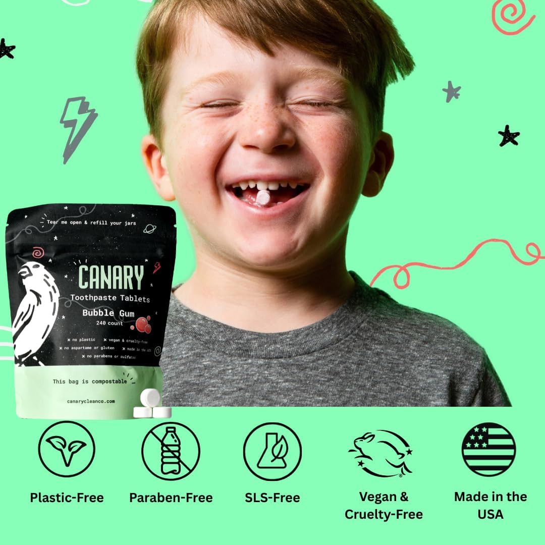 Canary Nano Hydroxyapatite Toothpaste Tablets Bubble Gum - Remineralizing, Fluoride Free, All Natural Tabs with Xylitol - Great for Kids, Plastic Free - 240 Count