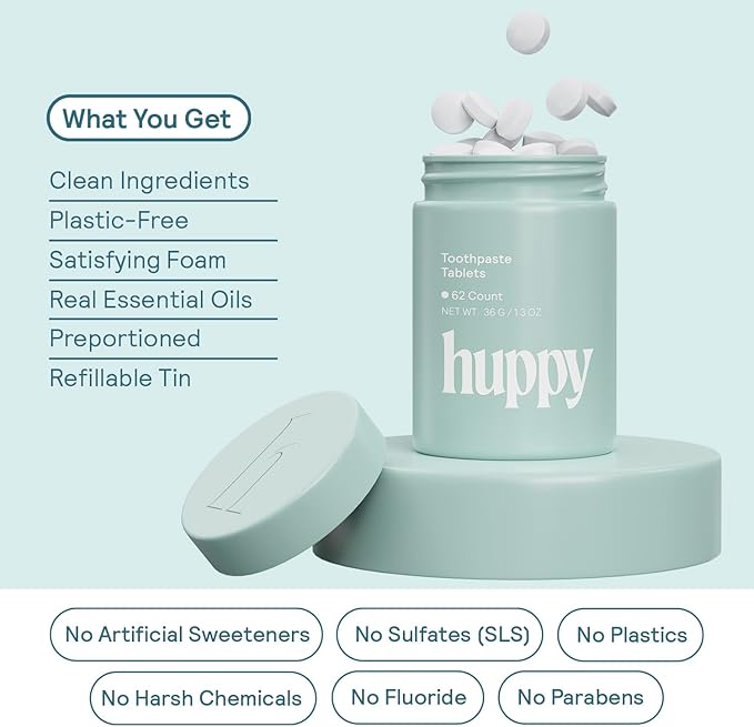 HUPPY Toothpaste Tablets, Nano Hydroxyapatite Toothpaste - Natural Whitening, Fluoride Free and Remineralizing Tablets - Travel Hydroxyapatite Tabs, 62 Count
