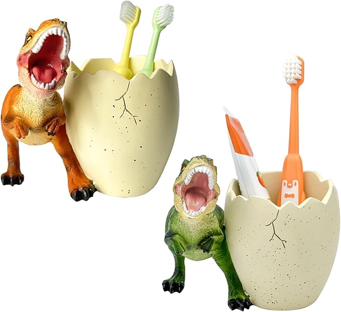 FlidRunest 2 PCS Dinosaur Kids Toothbrush Holders for Bathrooms - Cute Dino Toothbrush Holder - Easy to Clean Toothbrush and Toothpaste Holder - Dinosaur Bathroom Decor Accessories-Green+Orange