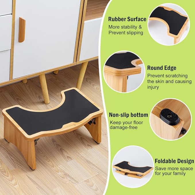 StrongTek Wooden Toilet Stool, Folding Potty Step Stool for Bathroom, 7 Inch, Non-Slip & Sturdy, Squatting Toilet Step, Easy to Store, Perfect for Small Spaces (Natural)
